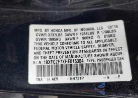 2017 Honda Civic Ex from USA, damaged, VIN 19XFC2F7XHE015304